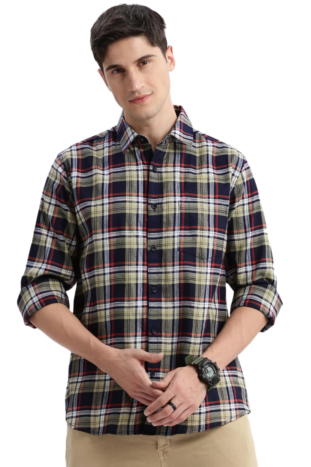 SHOWOFF Men's Long Sleeves Spread Collar Tartan Checks Beige Slim Fit Shirt-Intus-2339_Beige