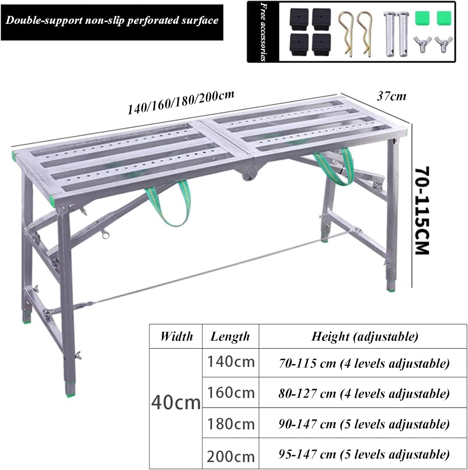 Work Platform, Adjustable Height Portable Folding Galvanised Pipe Step Ladder of Capacity 330 Lbs Heavy Duty Metal Scaffolding Platform with Anti-Slip Holes