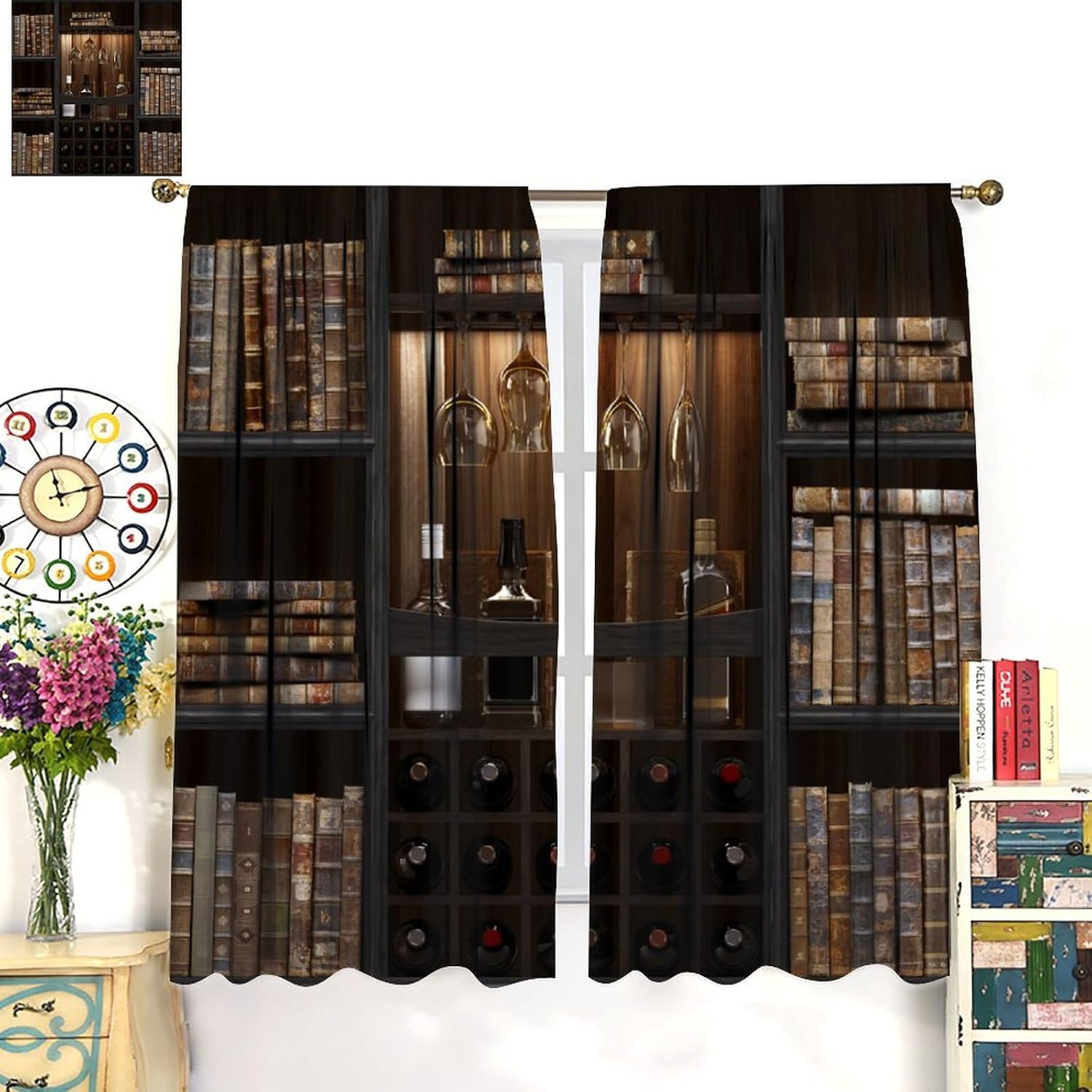 Vintage Bookshelf Window Curtains,Retro Old Books Wine Cabinet Print Home Decor Rod Pocket Curtains for Cafe Bedroom Living Room Kitchen Dining Room Office Drapes, 42x45 in