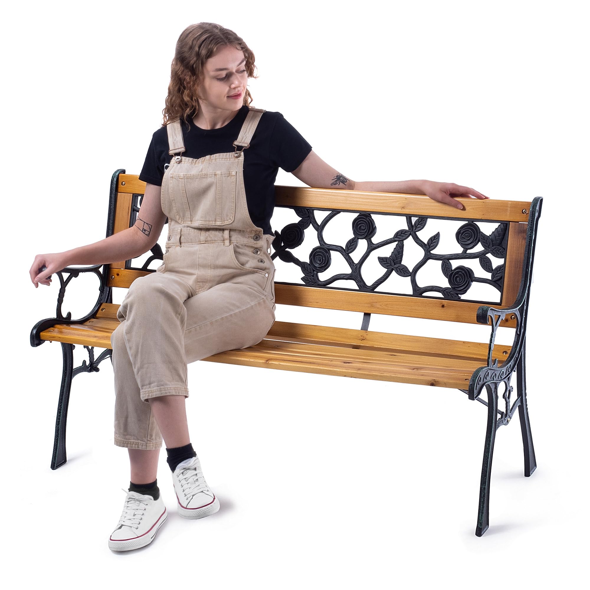 KADAX Banc de jardin en bois et fonte 2 places avec accoudoirs et dossier, banc de parc, banc extérieur pour balcon, jardin, terrasse (marron/motif rose)