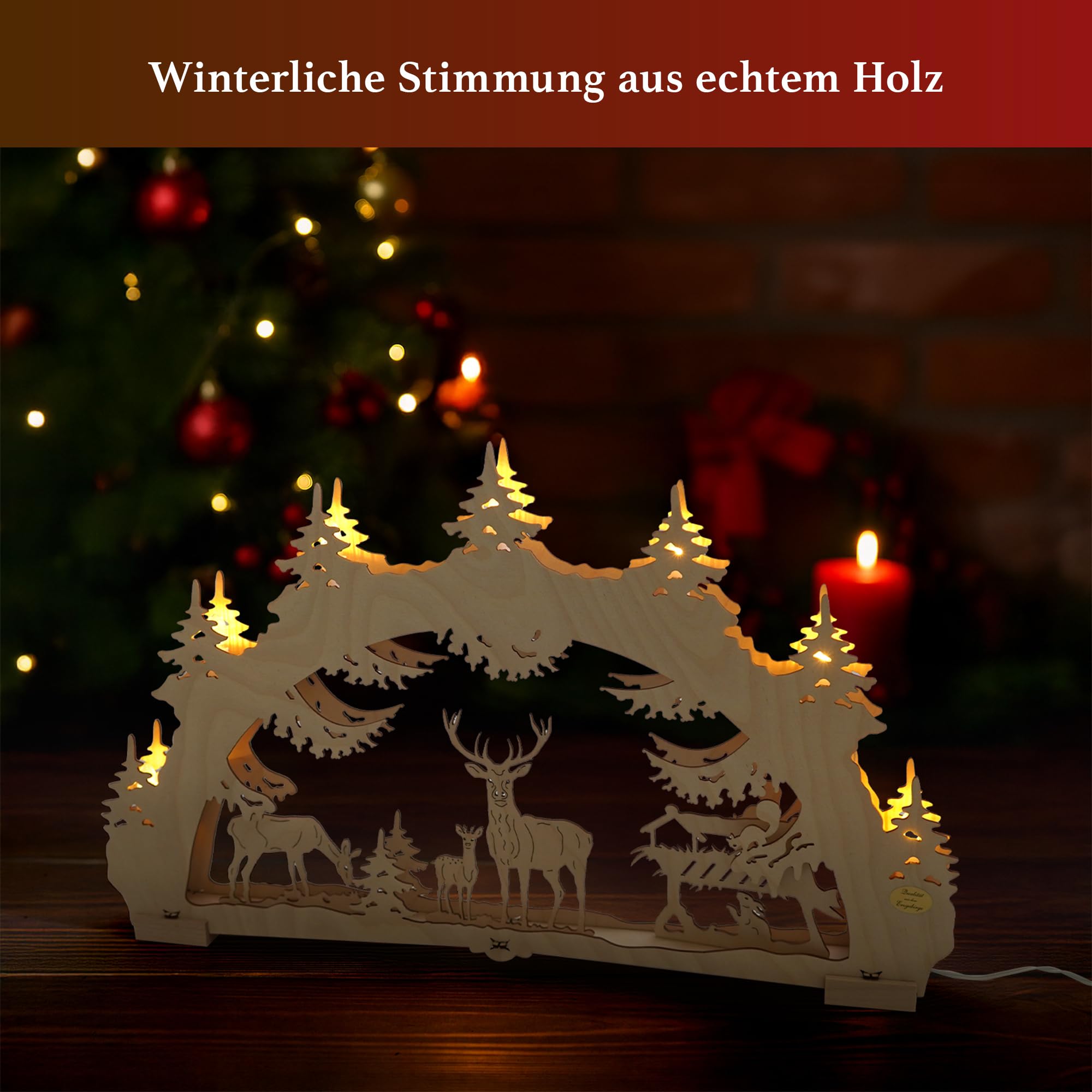 Saico - LED Schwibbogen „Waldlichtung“ Erzgebirge - Lichterbogen mit Timerfunktion - winterliches Design mit Rehen & Hase - ideal als Weihnachtsdeko, Holzkunst aus dem Erzgebirge - Made in Germany