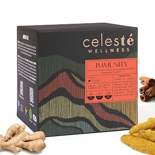 Celeste Immunity, Turmeric Ginger Tea – With Ashwagandha, Holy Basil, Lemongrass & Cinnamon | 15 Pyramid Green Tea Bags | 100% Natural Ingredients