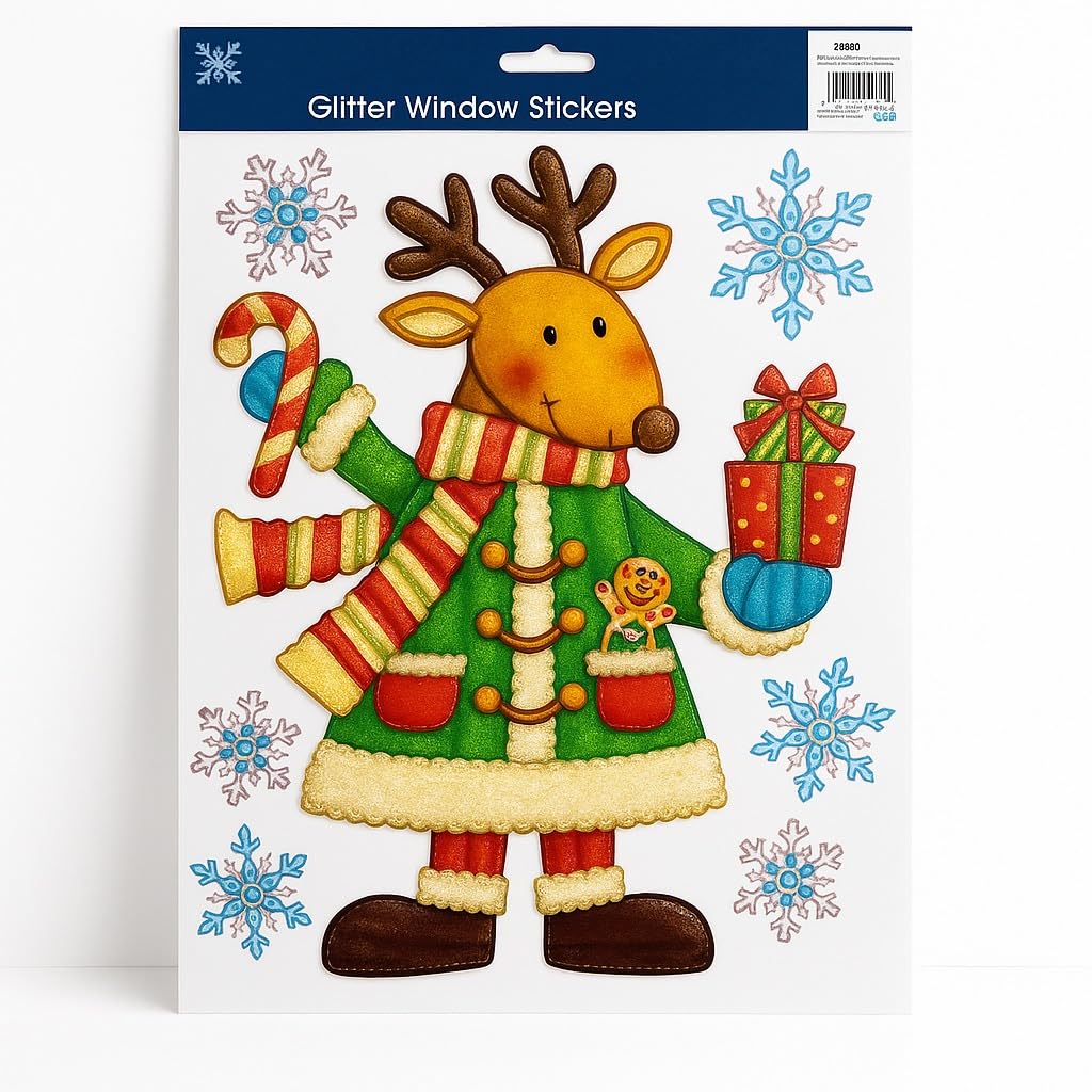 Xmas Figures Glitter Finish Window Stickers 41cm X 29cm Reindeer Glitter Window Clings Easy Peel and Stick Christmas Window Decorations for Home, Kids Rooms & Winter Christmas Décor (1pc)