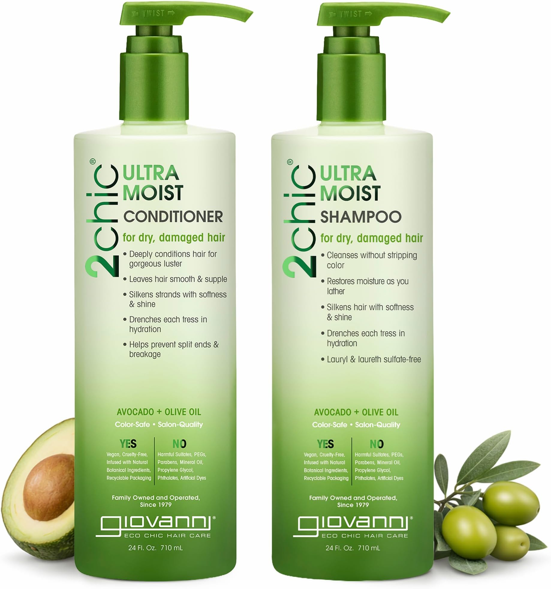 2Chic Ultra-Moist Avocado & Olive Oil Shampoo and Conditioner Set - Moisture & Natural Growth for Men & Women with Moisturizing Aloe Vera, Sulfate Free - 24 Fl Oz (Set of 2)