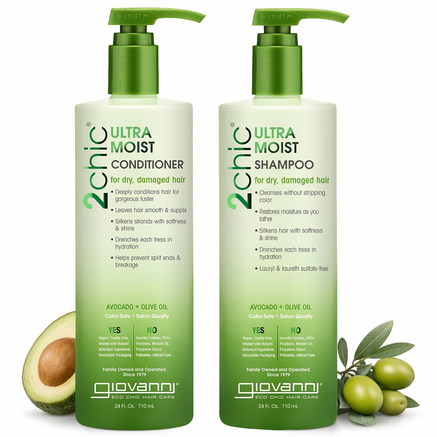 Giovanni 2Chic Ultra-Moist Avocado & Olive Oil Shampoo and Conditioner Set - Moisture & Natural Growth for Men & Women with Moisturizing Aloe Vera, Sulfate Free - 24 Fl Oz (Set of 2)