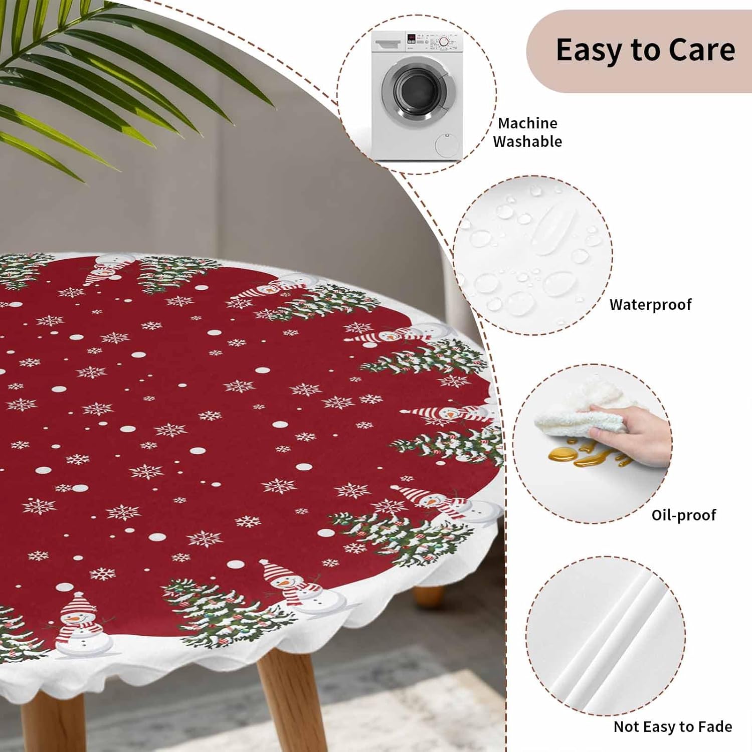 Christmas Round Tablecloth Fitted Table Cover, Elastic Tablecloths Waterproof Outdoor Indoor Stretch Cloth Tablecover for Dinner, Party, Shower, Winter Snowflake Red Snowman 55-60IN