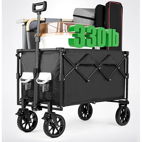 Collapsible Folding Wagon,Outdoor Camping Cart with 360-degree Universal Wheels,Beach Cart Large 150L Capacity & 330LBS Load for Sports, Shopping, Gardening,Camping(Black)