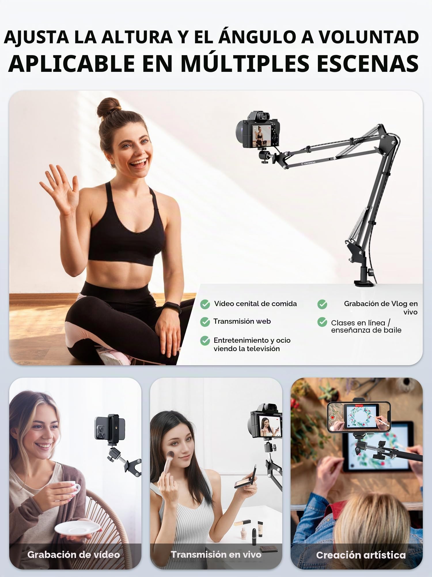 Trípode para cámara superior [40 cm de altura] – Soporte profesional para cámara flexible, brazo articulado, soporte de mesa y adaptador de tornillo de 1/4 pulgadas para grabación de vídeo de teléfono