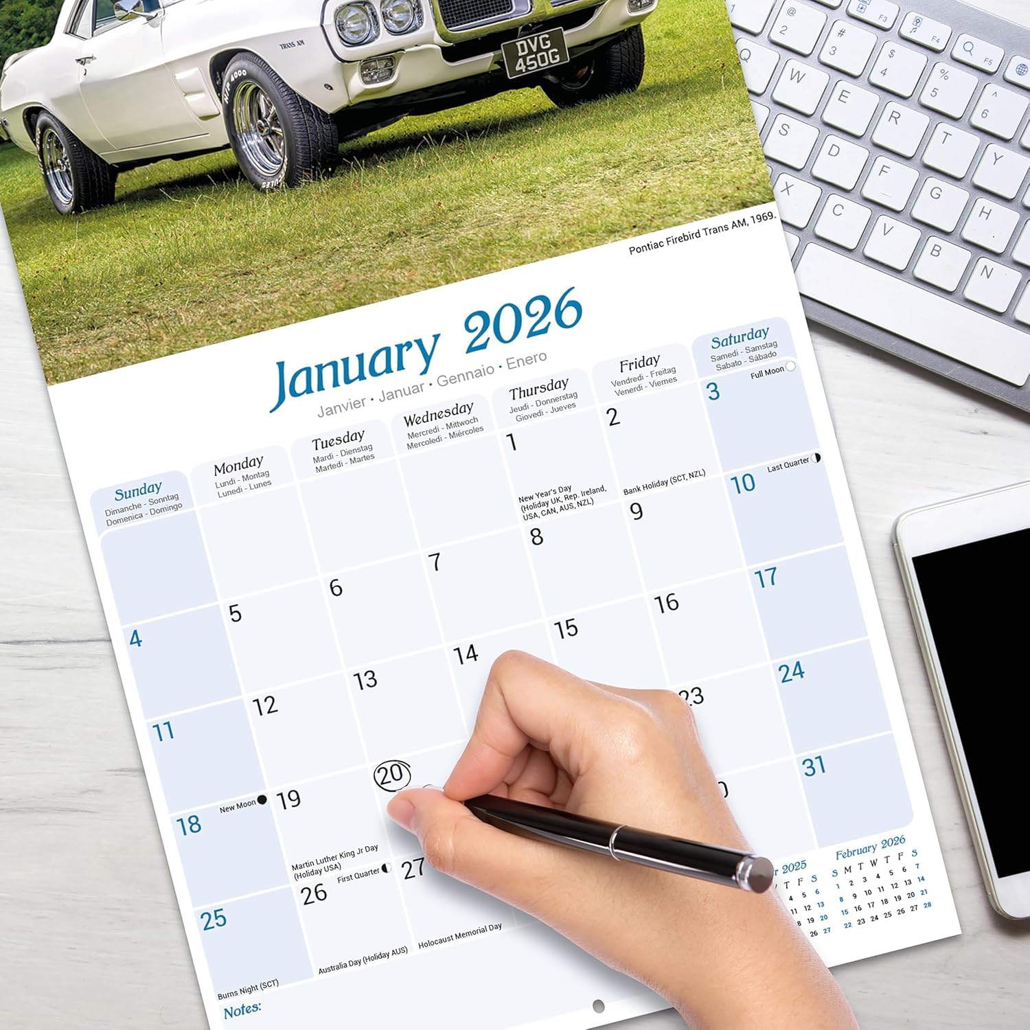 Calendario De Pared 2026 De Coches Clásicos - 16 Meses (Sep 2025-Dic 2026), Cuadrado Grande Con Rejilla Para Organización Familiar