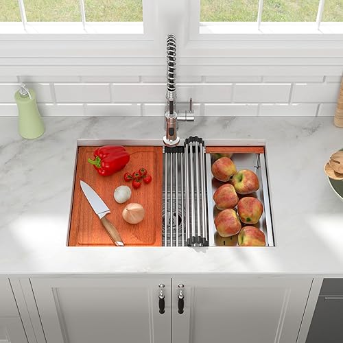 Miniatura 2 de Fregadero de cocina con estación de trabajo de montaje inferior de 27 x 19 pulgadas, acero inoxidable 304, calibre 16, cuenco individual debajo del