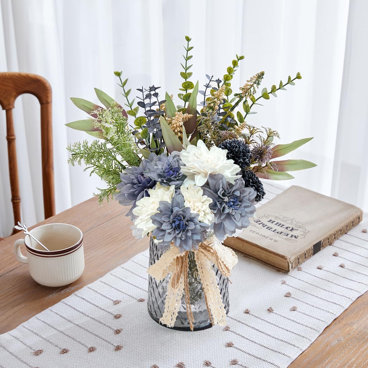 Fake Flowers in Vase, Artificial Flowers Blue Faux Flowers for Vase, Silk Flowers Blue Flowers Table Centerpieces for Dining Room, Kitchen, Office, Farmhouse Decor - Blue White (Grey) - Image 4