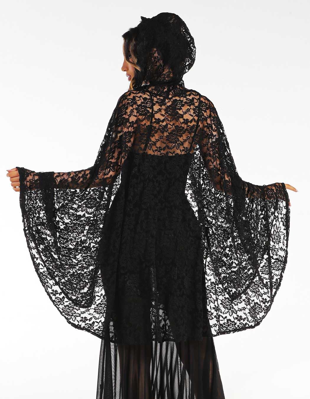 GORAIS Black Lace Hooded Cape Short Sheer Cloak Halloween Cosplay Costume for Women