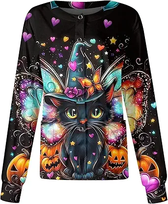 Printed Scrub Jackets for Woman Print Long Sleeve Plus Size Womens Scrubs for Women Nursing Jacket with Pockets