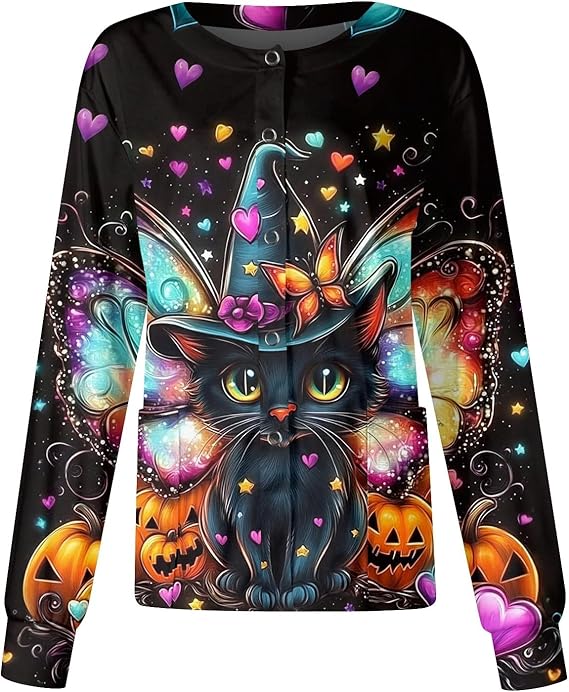 Printed Scrub Jackets for Woman Print Long Sleeve Plus Size Womens Scrubs for Women Nursing Jacket with Pockets