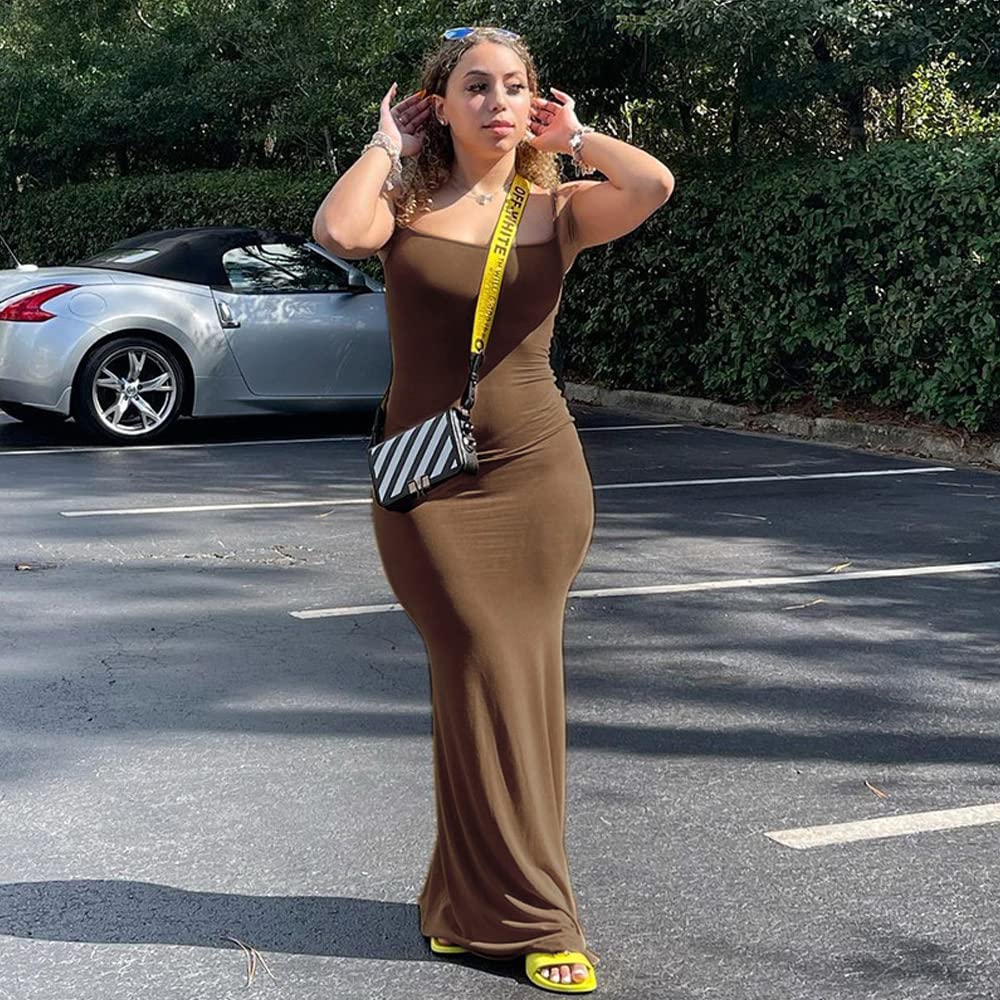 TOFBS Donna Spaghetti Strap Senza Maniche Vestito Aderente Casual Vestito Lunghi Sexy Senza Schienale Bodycon Maxi Vestito Club Abito da Festa Abito da Cocktail Vestito Donna Estiva