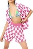 Women Y2K 2 Piece Knitted Outfits Short Sleeve Argyle Plaid Crochet Button Down Sweater Cardigan and Short Pants Set