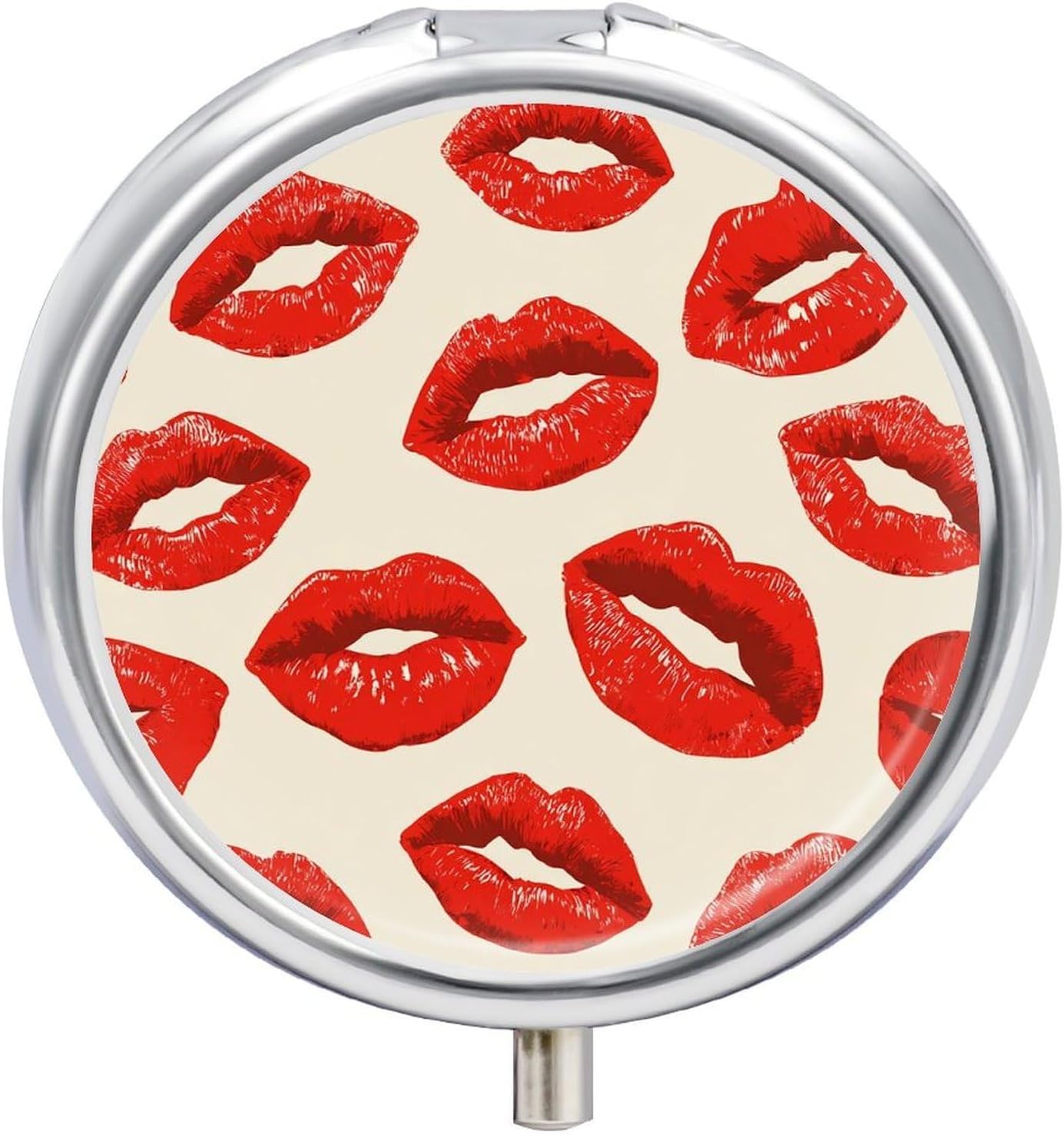 Pill Box 3 Compartment Metal Medicine Pill Organizer Red Lips Kiss Pill Case for Purse Or Pocket Cute Mini Portable Pill Holder Travel Pill Container to Hold Supplements, Vitamins, Fish Oil