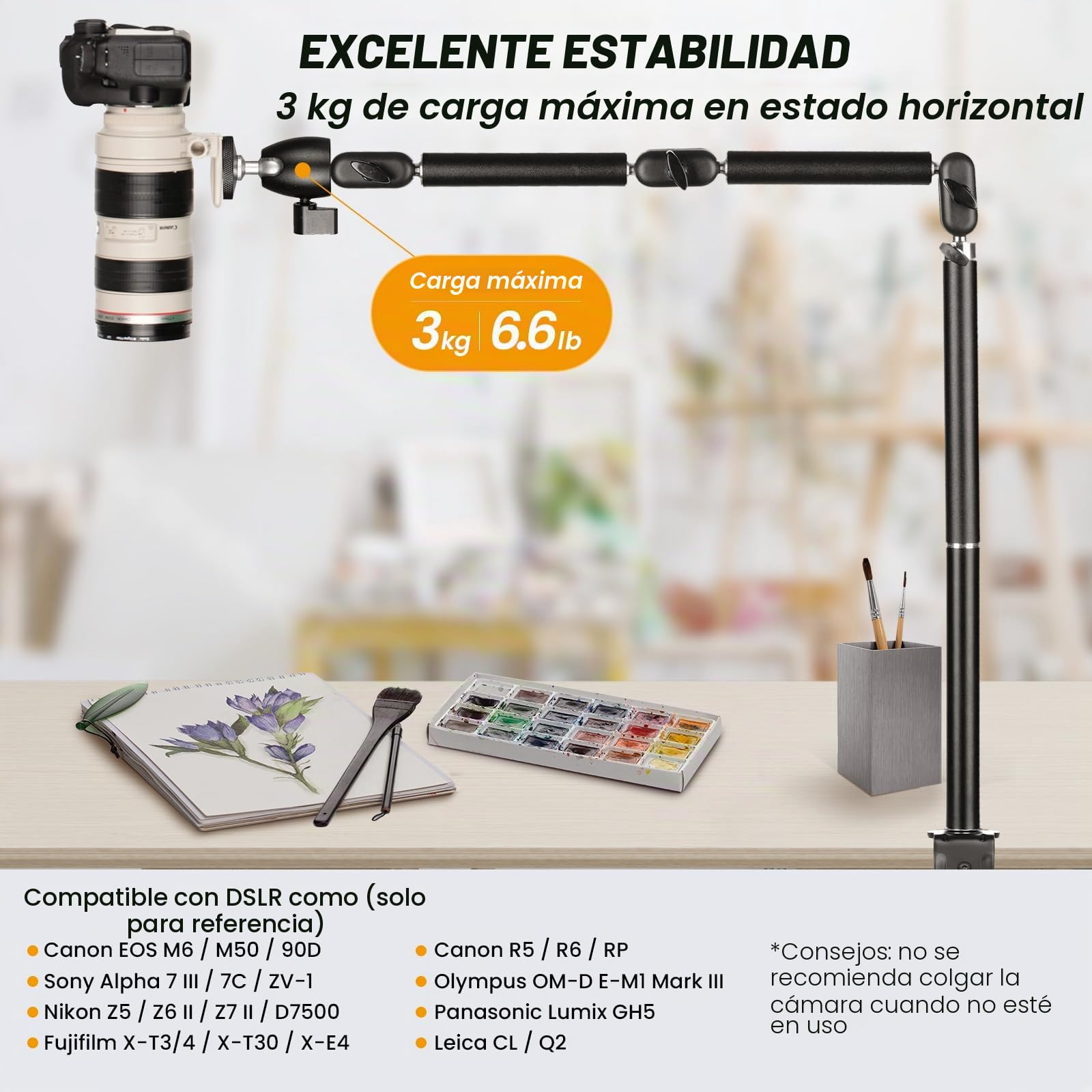 TARION Soporte Cámara Escritorio Articulado - Brazo Flexible 360° Estructura Acero - Carga 3kg Abrazadera en C - DSLR Proyector Luz Anular TKA01-L