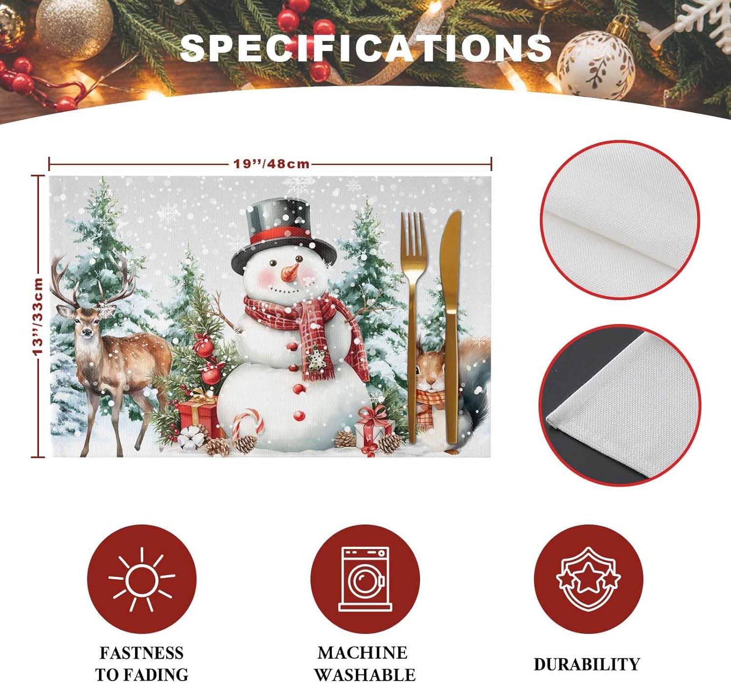 Christmas Placemats Snowman Squirrel Place Mats for Dining Room Dinner Table Pine Tree Pine Cones Snowflake Seasonal Washable Table Mats Kitchen Decorations Set of 8