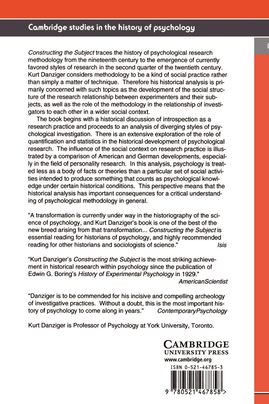 Constructing the Subject: Historical Origins of Psychological Research (Cambridge Studies in the History of Psychology)