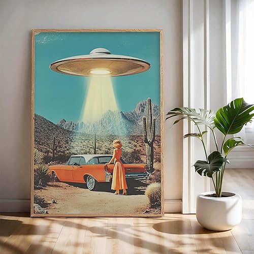 Arte de pared vintage de nave espacial del desierto de cactus, decoración de pared, pósteres estéticos vintage del desierto retro de los años 70,