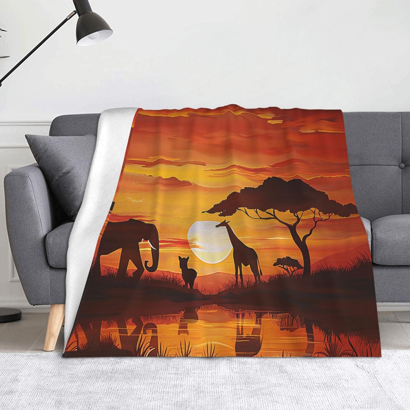 Couverture flanelle éléphant et girafe 152x127 cm pour lit et canapé