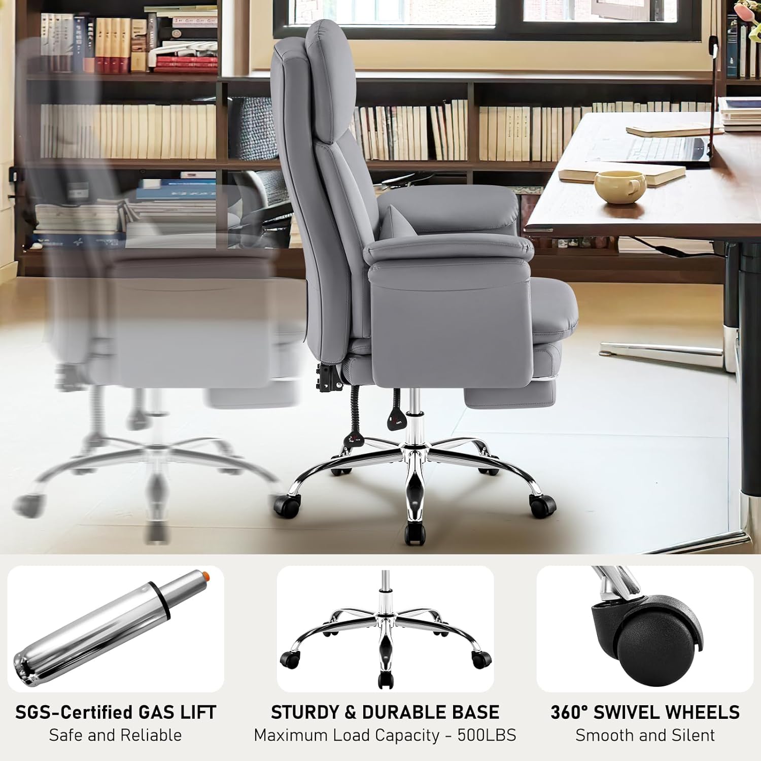 Comfortable Home Office Chair with Footrest 400lbs, Premium PU Leather Office Chair with High Back Adjustable Lumbar Support Double-Layered Armrests,Reclining Chairs,Gray