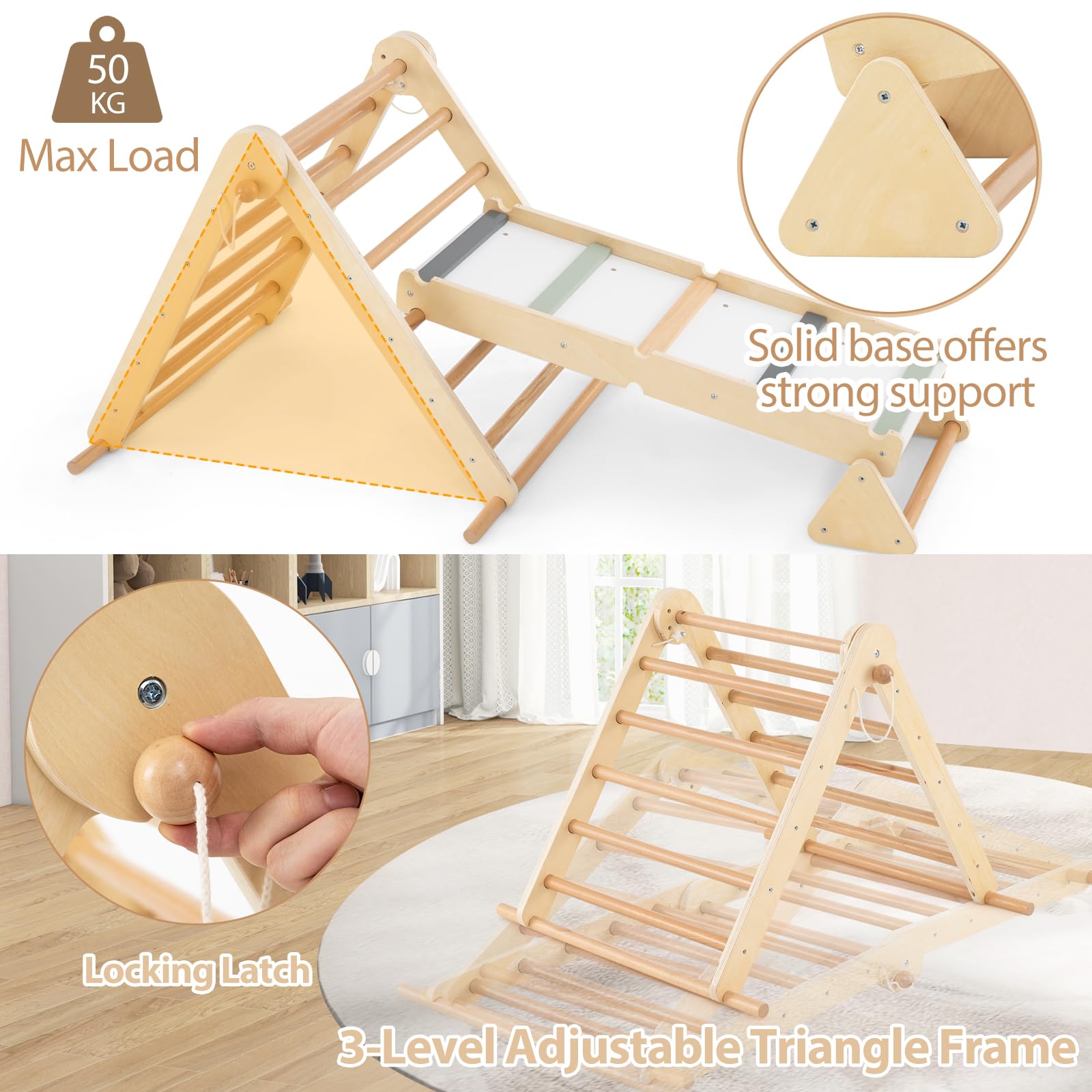 HOMASIS 3 in 1 Kletterdreieck mit Kletterleiter & Wippe, Holz Klettergerüst Indoor mit doppelseitiger Rampe, klappbarer Spielplatz zum Klettern Wippen, Sprossendreieck für Kinder ab 3 Jahren, Natur