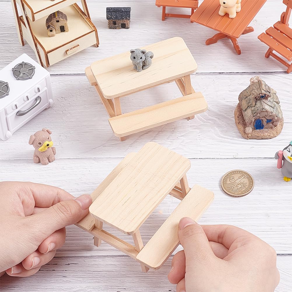 Amazon.co.jp: 2個 ミニチュア 一体型 ベンチ テーブル 木製 ドール