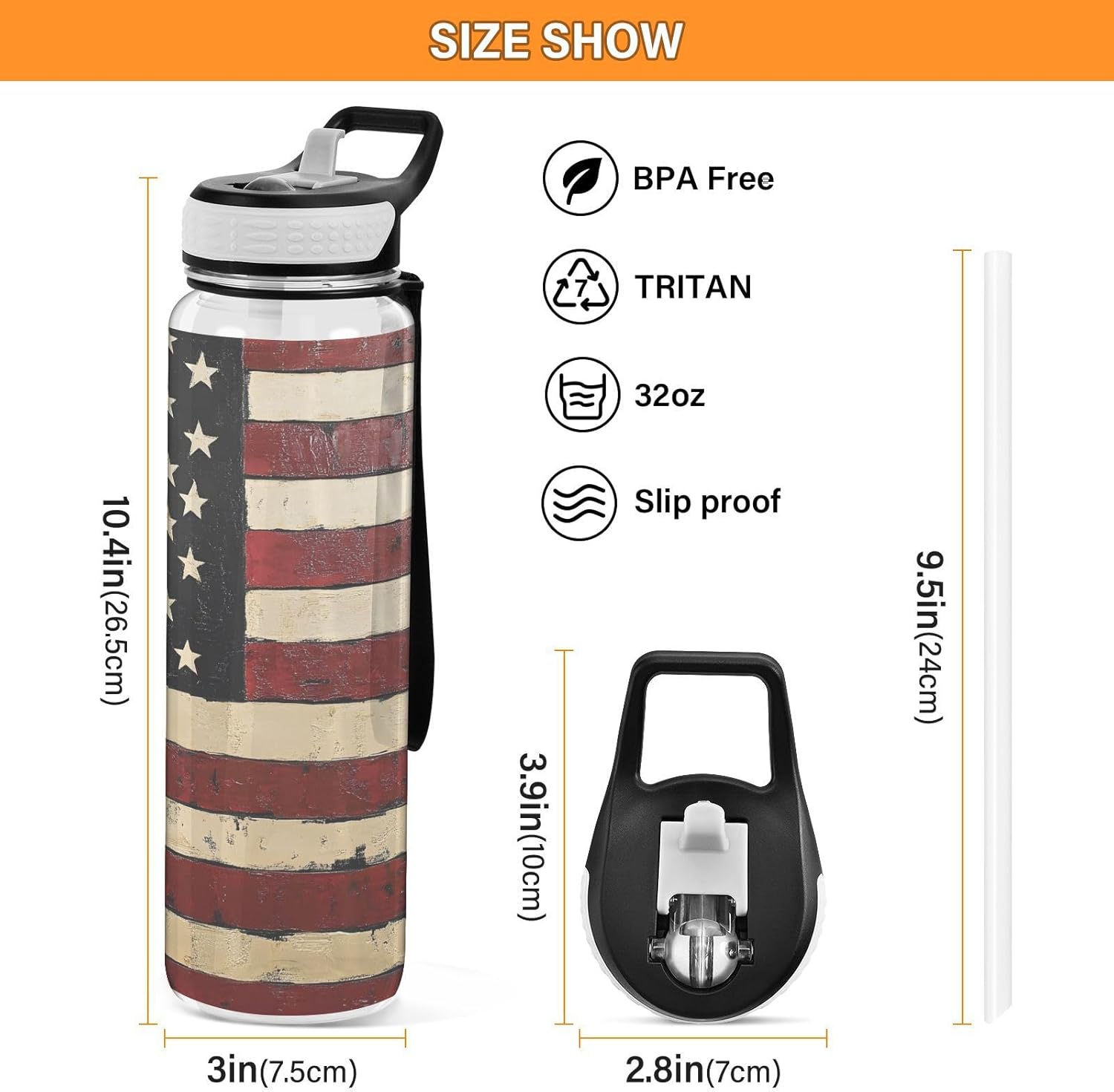 ALAZA American Flag Water Bottle with Straw,Leakproof Tritan Clear Sports Water Bottle USA Flag Patriotic Kids Water Bottle for School Outdoor Sports Drinking,32 oz
