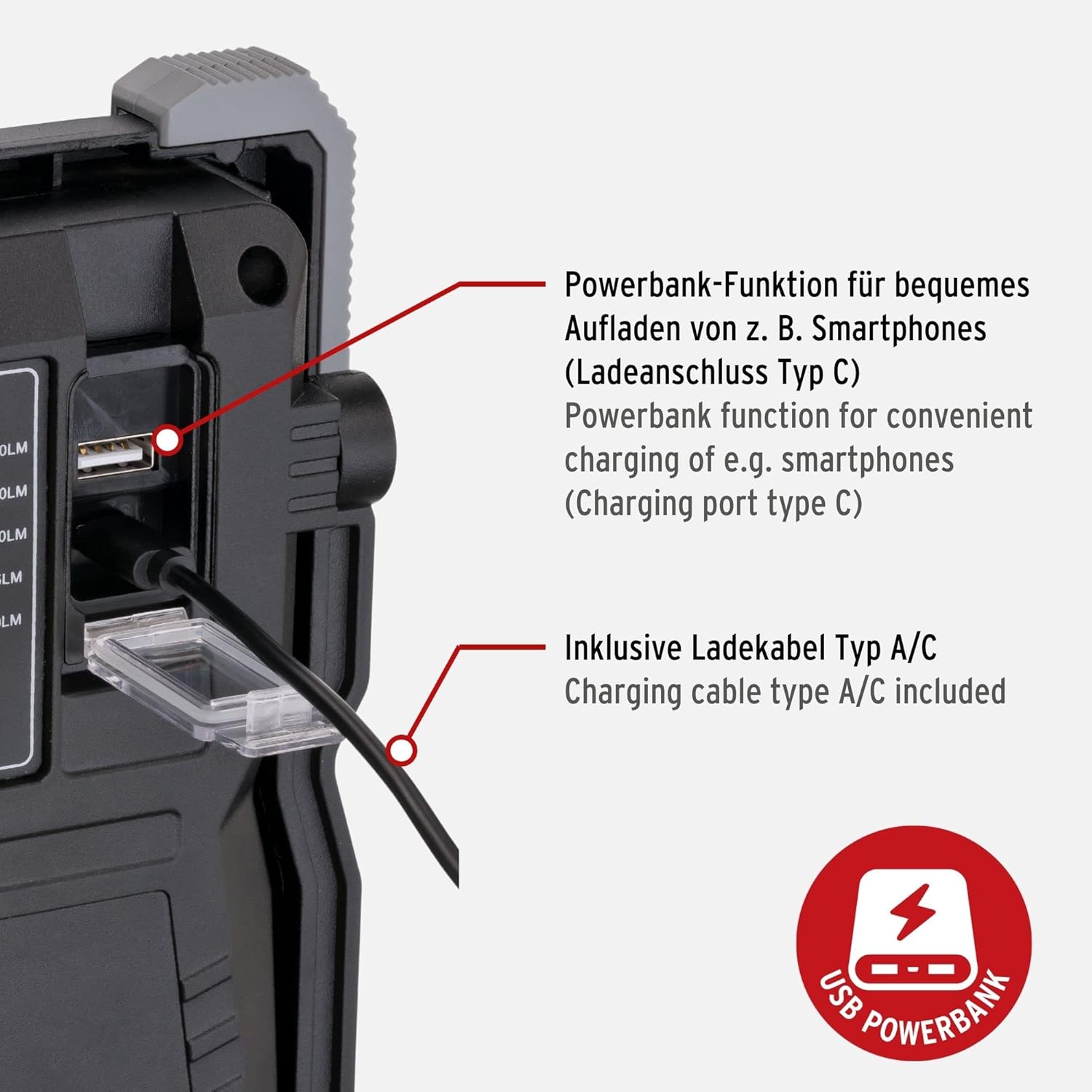 Brennenstuhl Rufus 3020 MA Floodlight showing charging port and power bank function