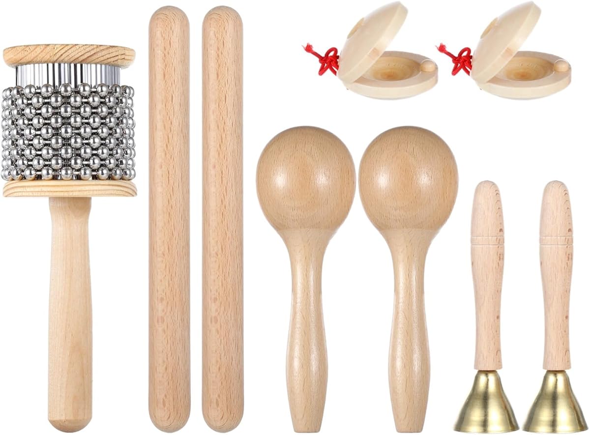 Juego de instrumentos musicales clásicos de 9 piezas, juego de instrumentos de percusión manual de madera, con campanas con mango, baquetas rítmicas, maracas, castañuelas y cabasa de madera