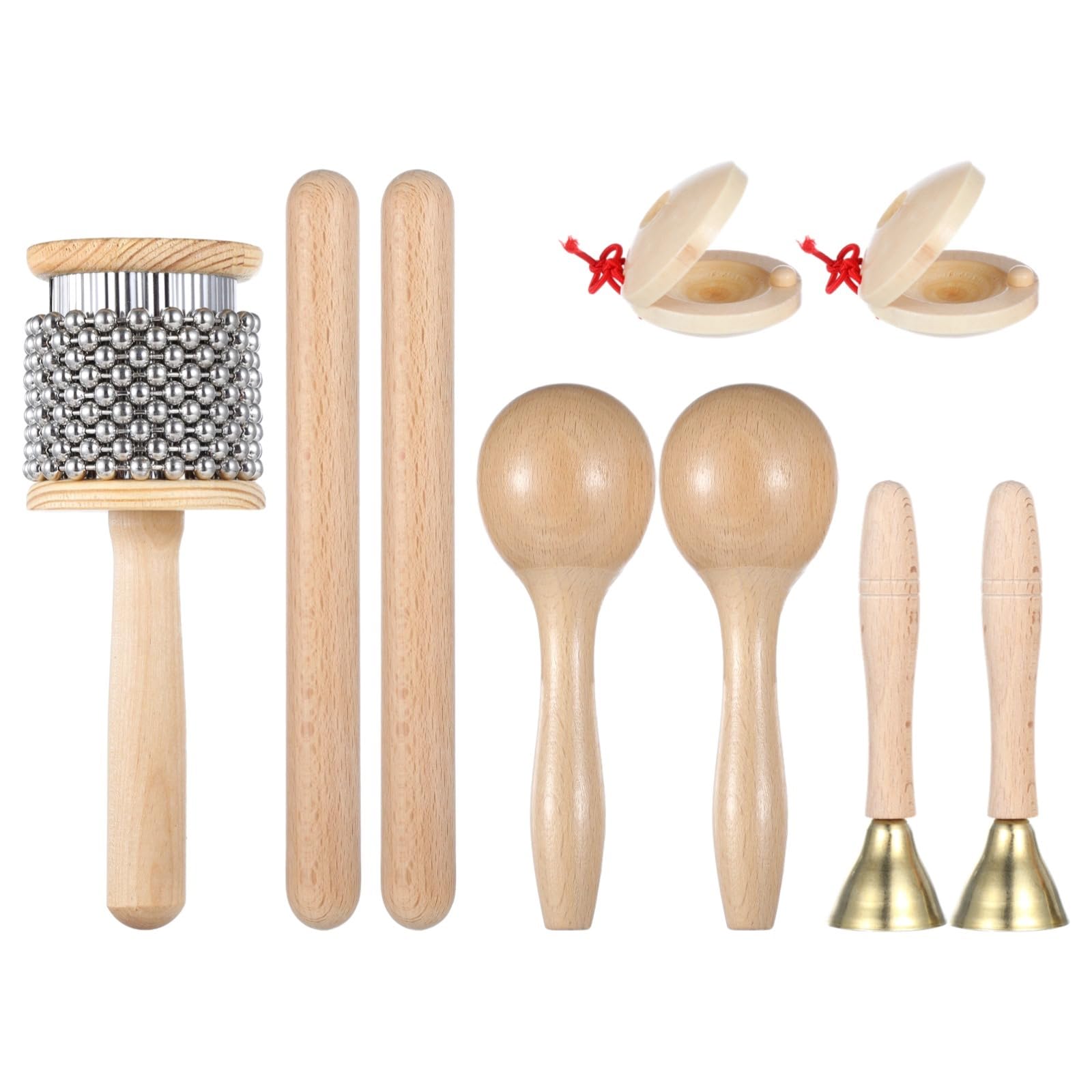 Photo 1 of Skdqiee 9 Pcs Classic Music Instruments Set, Wooden Hand Percussion Instruments Set, Featuring Handle Bells, Rhythm Sticks, Maracas, Castanets, and Wooden Cabasa