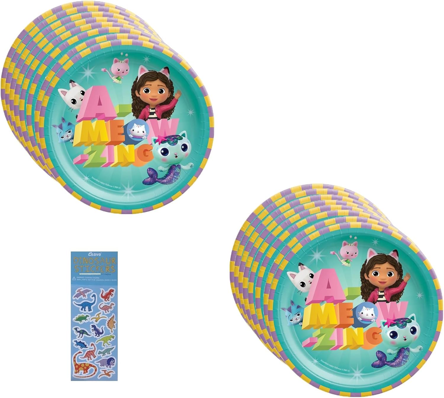 Gabbys Dollhouse Birthday Party Supplies Bundle Includes 16 Dessert Cake Paper Plates and 1 Dinosau Sticker Sheet