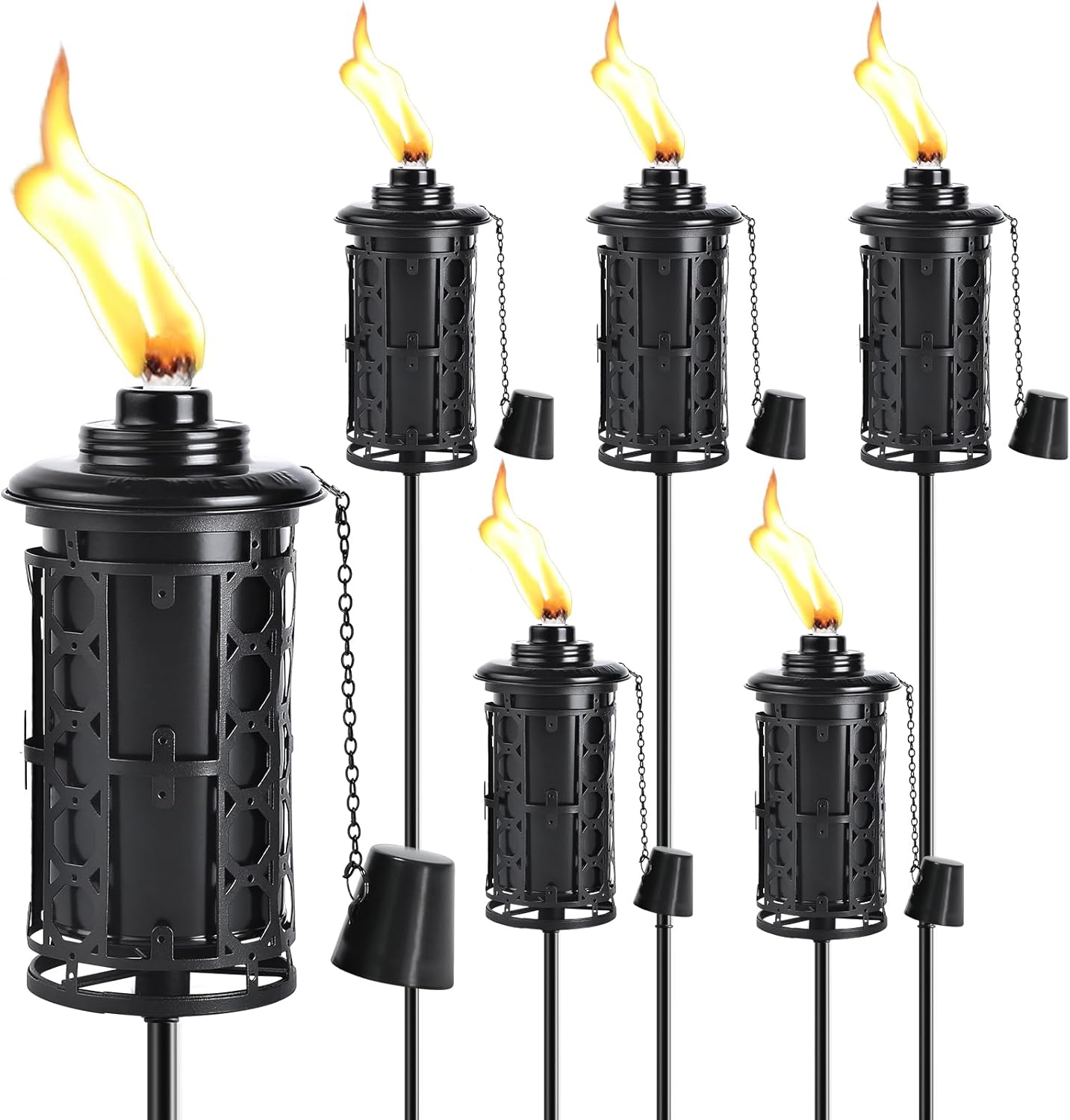 6-Pack Upgraded Home Garden Torch, Black Outdoor Metal Torch Garden Décor, 59-Inch Citronella Torches with 3-Prong Grounded Stake, Light Torches for Party Patio Pathway (More Stable)