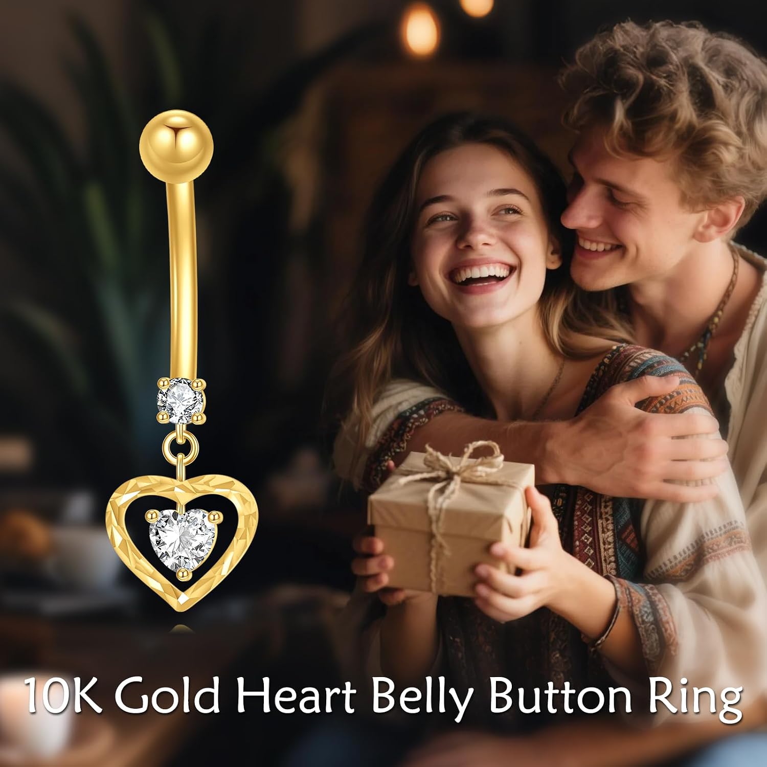Solid 10K Gold 14G Belly Button Ring for Women, Dangling Heart CZ Belly Rings 10mm Navel Barbell Piercing Jewelry Gifts for Her
