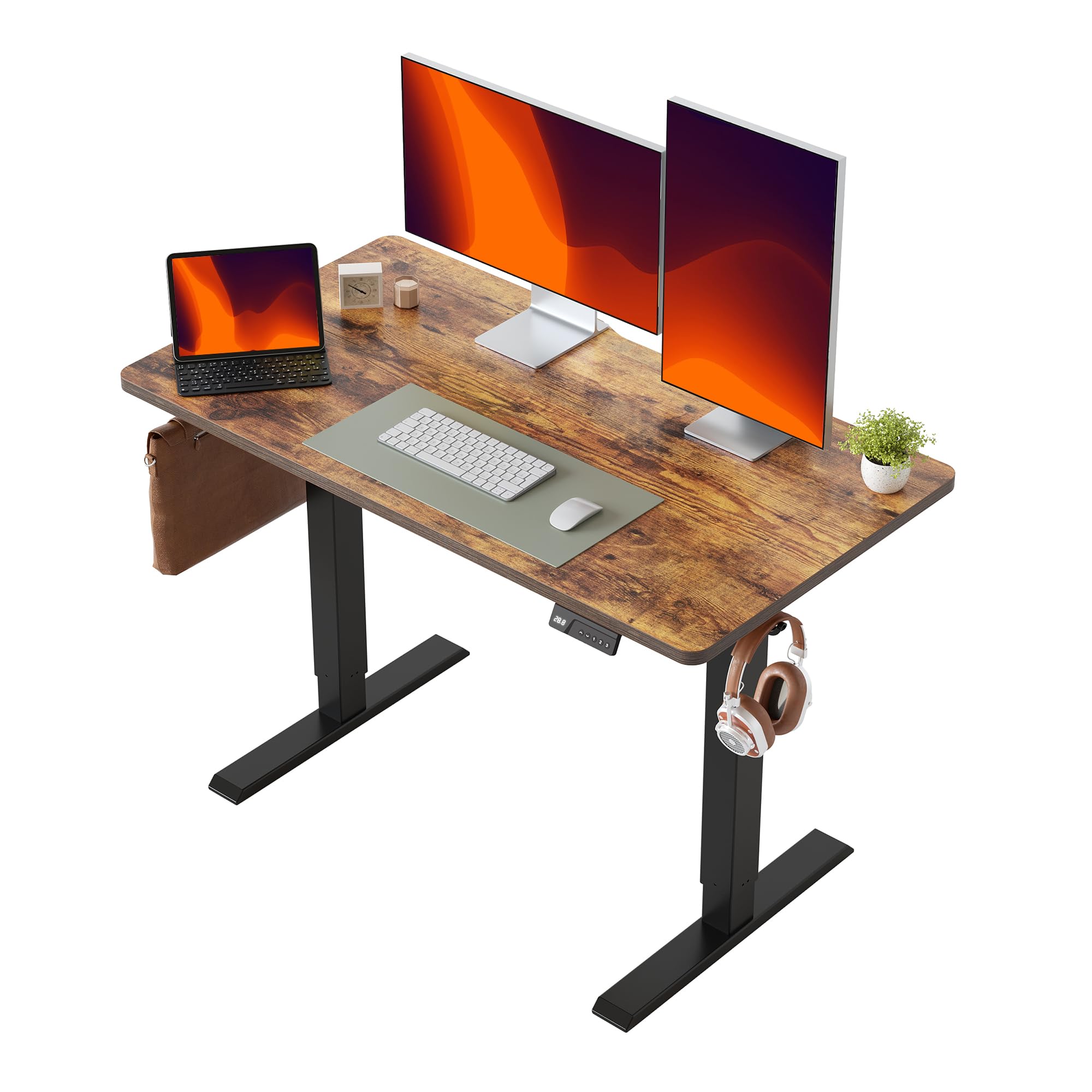 FEZIBO Electric Standing Desk 120 x 60 cm, Height Adjustable Computer Desk with Memory Presets, Sit Stand Home Office Desk, Black Frame with Vintage Brown Top