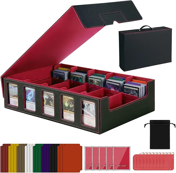 Red Trading Card Storage Box with Handle,5-Row Portable Deck Case for 4000+ Cards, Leather Card Collection Case with Commander Display Window for MTG, Yugioh, and Sports Cards,Gifts for Card Collector