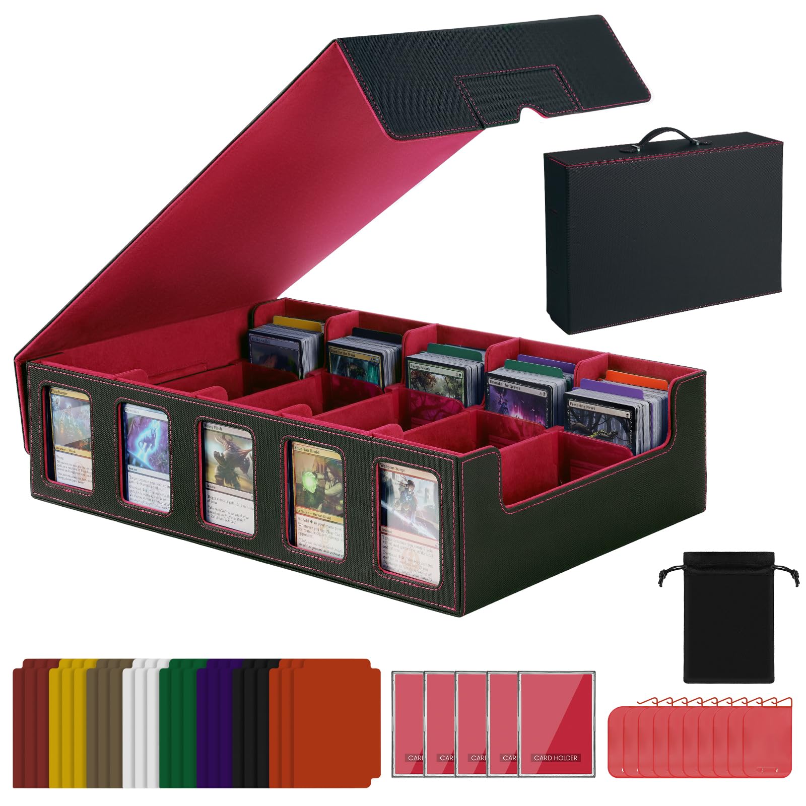 Red Trading Card Storage Box with Handle,5-Row Portable Game Case for 4000+ Cards, Leather Card Collection Case with Commander Display Window for MTG,