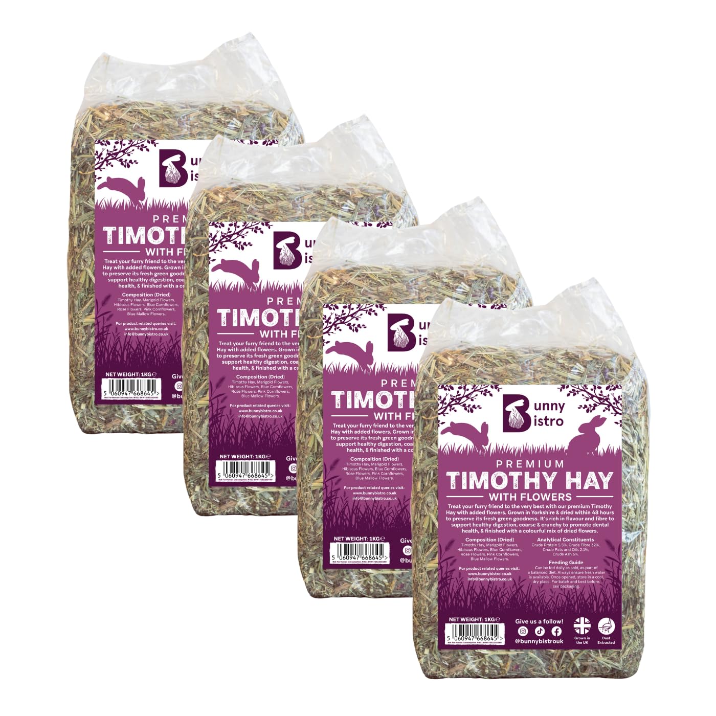 Bunny Bistro Premium Timothy Hay 1st Cut with Flowers 4kg | Natural UK Grown Hay for Rabbits, Guinea Pigs & Small Pets, High in Fibre, Dental Care, Dust Extracted, Grown in Yorkshire