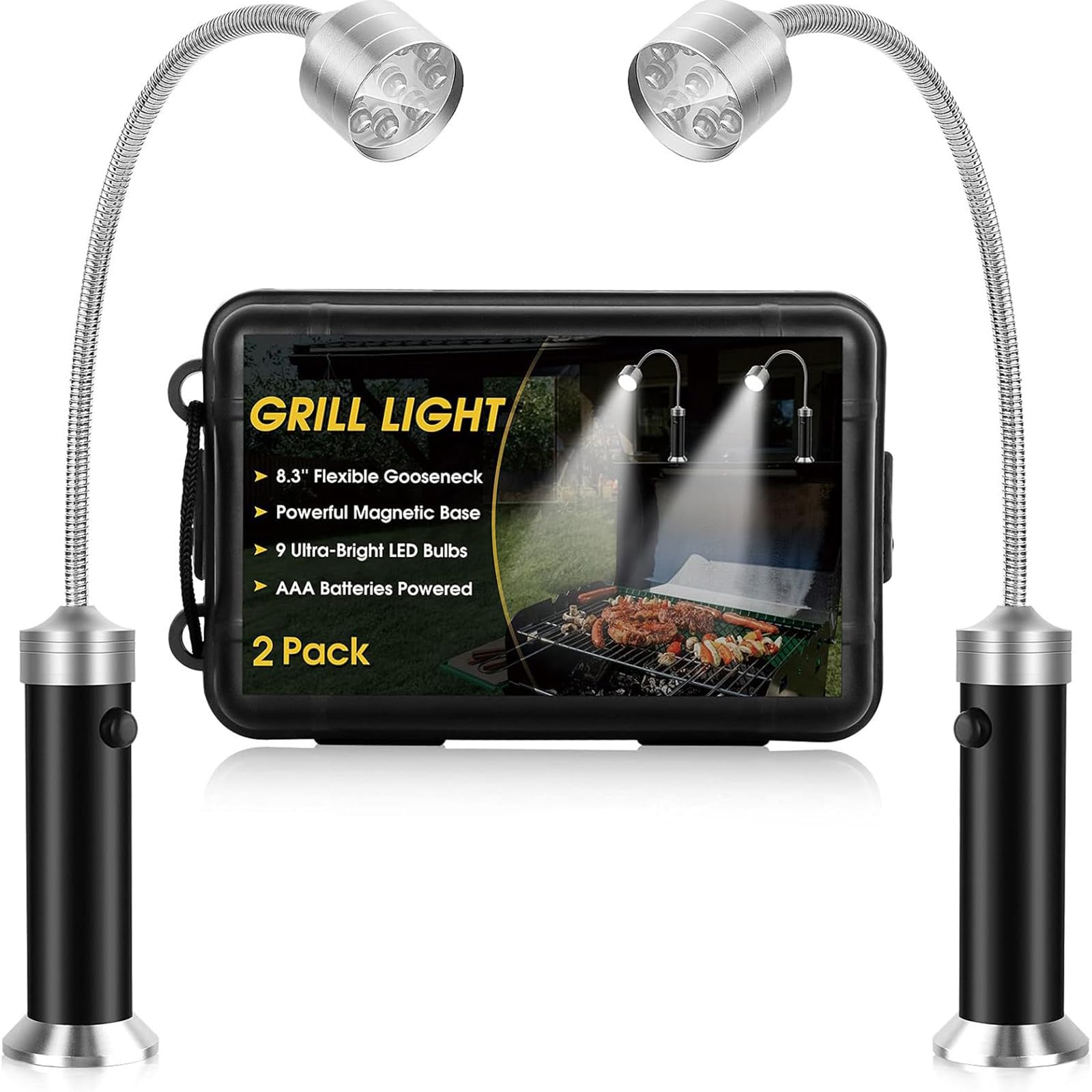 CyanCloud Barbecue Grill Light,Magnetic BBQ Grill Light with 9 LED Bulbs,BBQ Lights,2 Pack Barbecue Grill Lights,Water & Heat Resistant BBQ Grill Light for Outdoors (Battery Not Included)