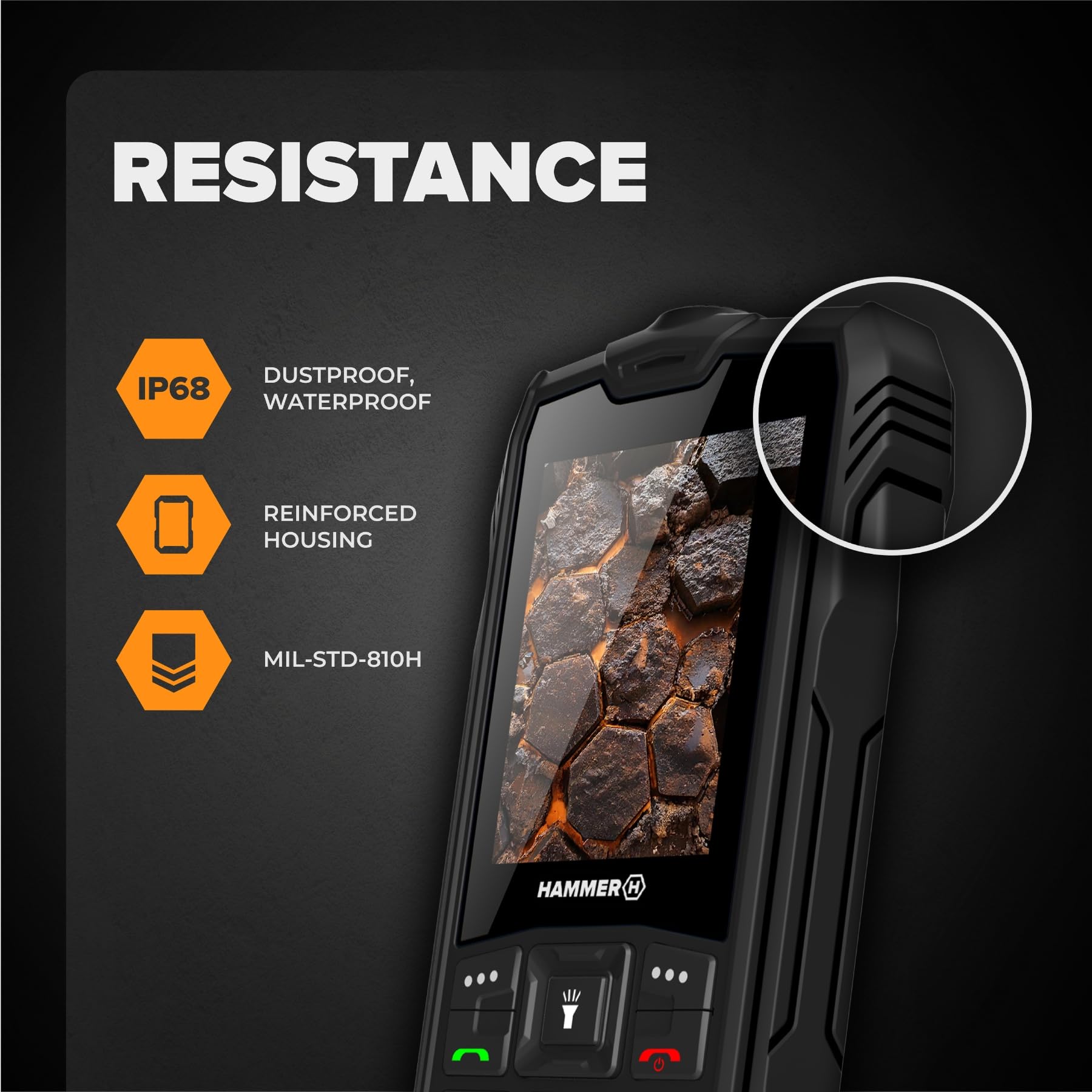 Hammer H Rock LTE Telefono Rugged senza Contratto, 3000mAh, 64 GB, Display IPS 2,4", Tasti Grandi, Tasto SOS, Torcia, Radio FM, Bluetooth, USB-C, Dual SIM, IP68/MIL-STD-810H, Nero