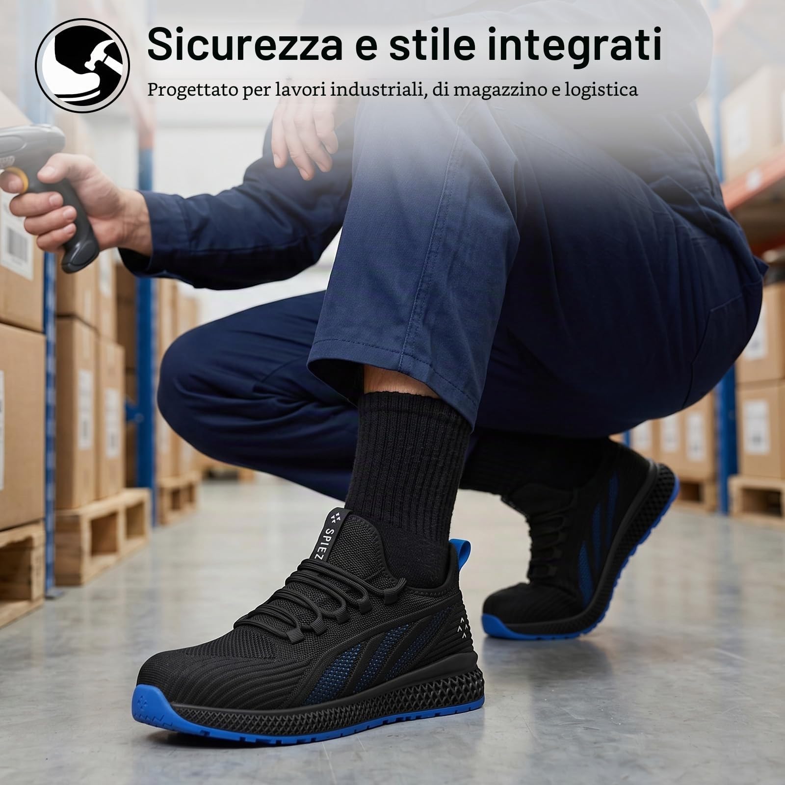 SPIEZ Scarpe Antinfortunistiche Uomo Donna,Leggere,Traspiranti,Slip-On con Punta in Composito,Sneakers da Lavoro Ideali per Uso Quotidiano,Nero Blu,Taglie EU 35-46