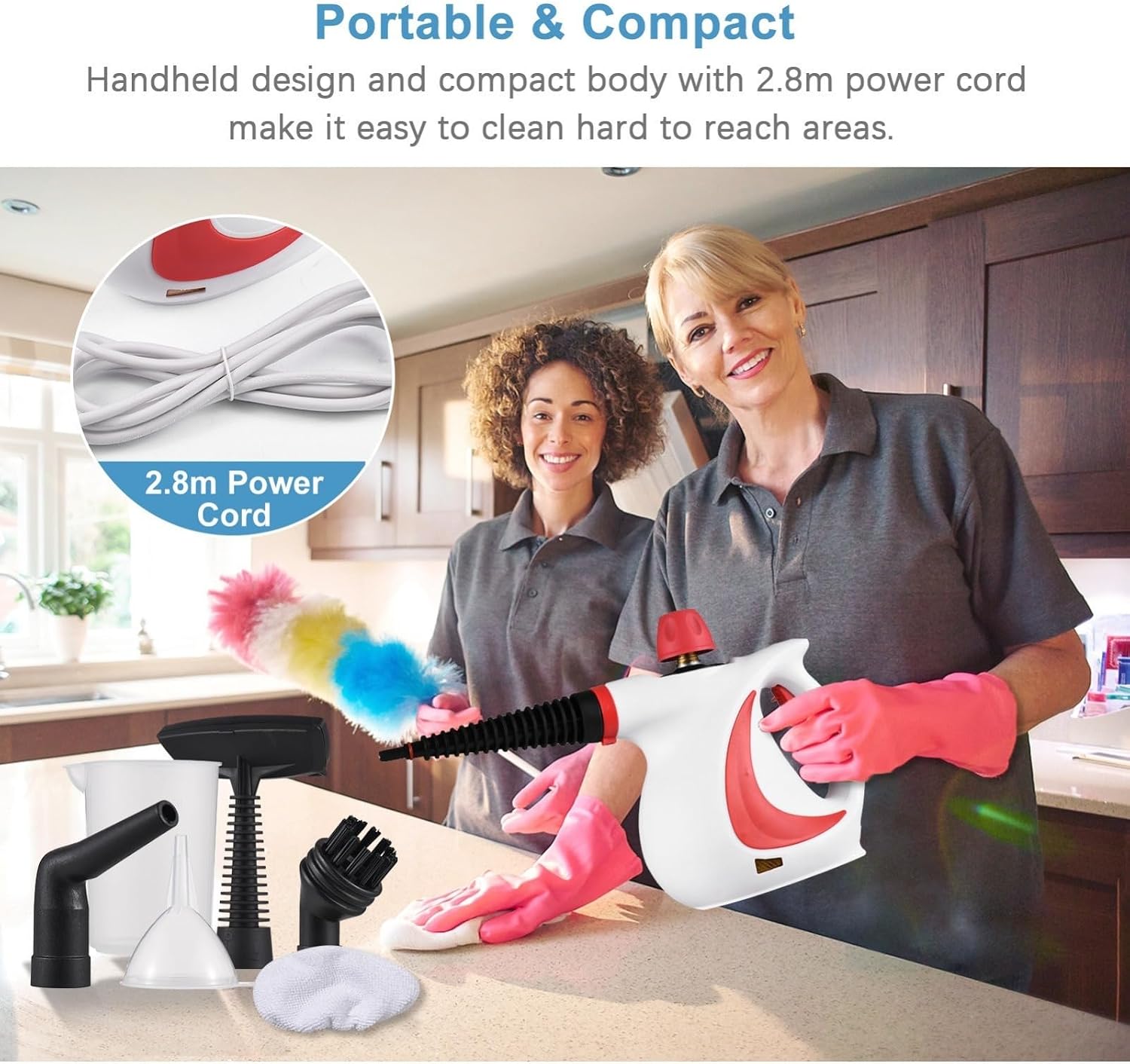 Handheld Steam Cleaner Multipurpose, 1050W Motor, 9 Accessories, 3.0BAR High-Pressure Steam, 135°C Fast Steam, 0.4L Tank, 8-10 Mins Runtime – for Kitchen, Bathroom, Car, Furniture (Red @ White)