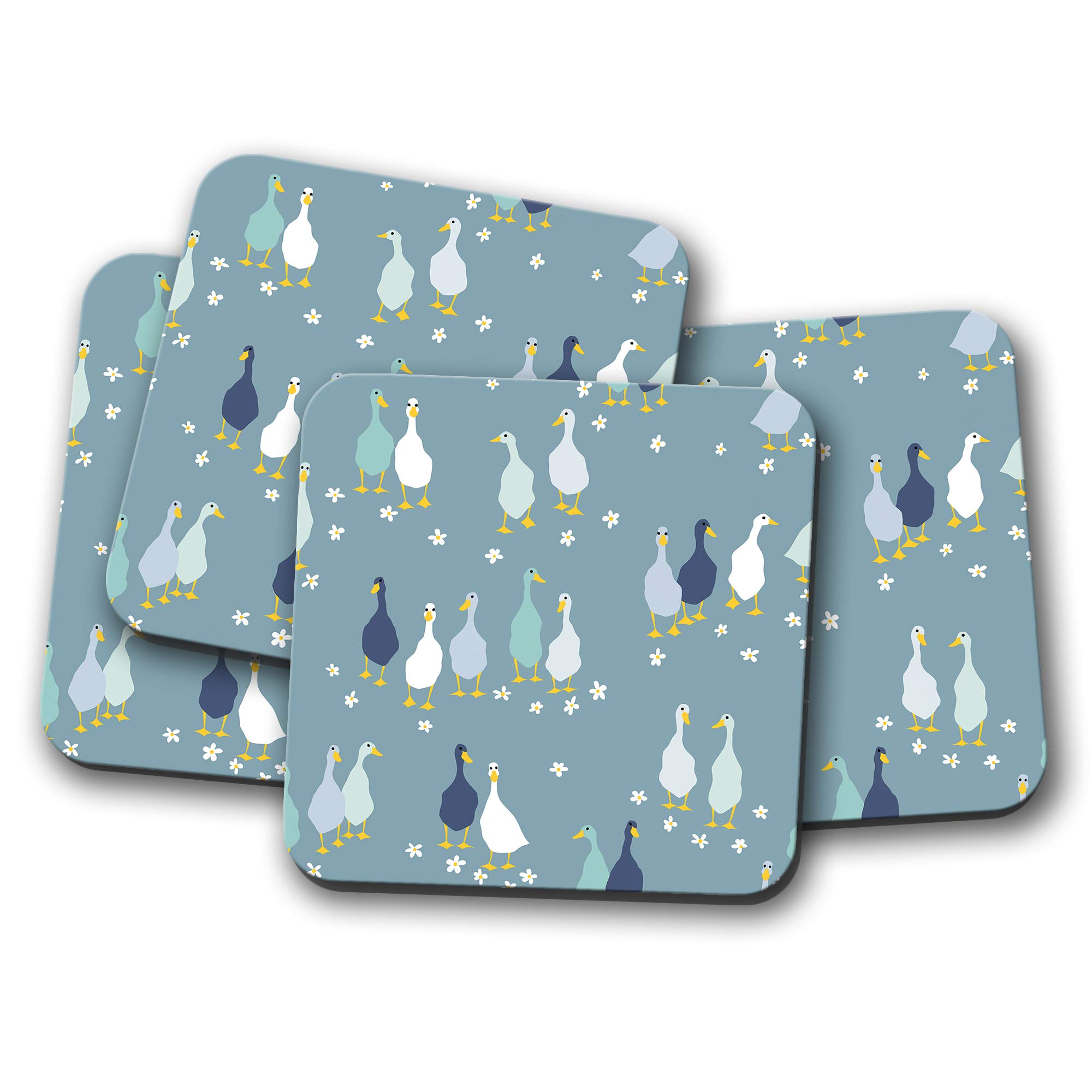 Destination Vinyl Ltd Multicolor 4 Set - Pretty Duck Print Coaster - Birds Goose Farm Mum Cute Animal #15994