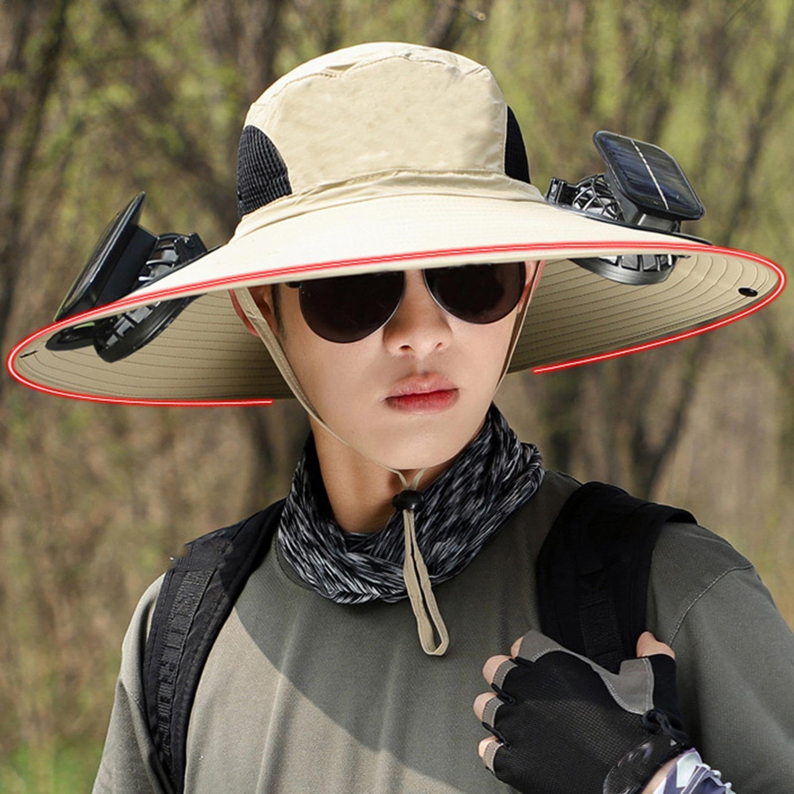 Cappello con ventilatore, cappello con visiera parasole con ventilatore, cappello da pesca a tesa larga con ventilatore solare integrato per pesca, spiaggia, giardino, agricoltore, cachi, XXL