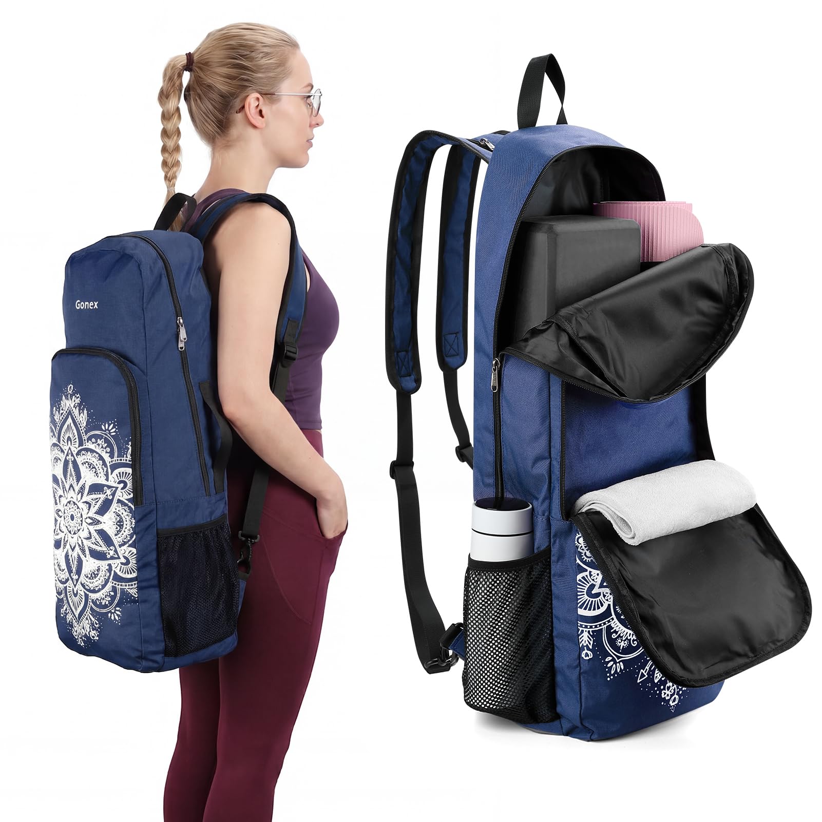 Gonex Bolsa de Yoga con 2 Formas de Transporte, Mochila Yoga con Compartimento Impermeable y Cremalleras Metálicas, Gran Capacidad para Esterilla de Yoga, Gimnasio y Viaje
