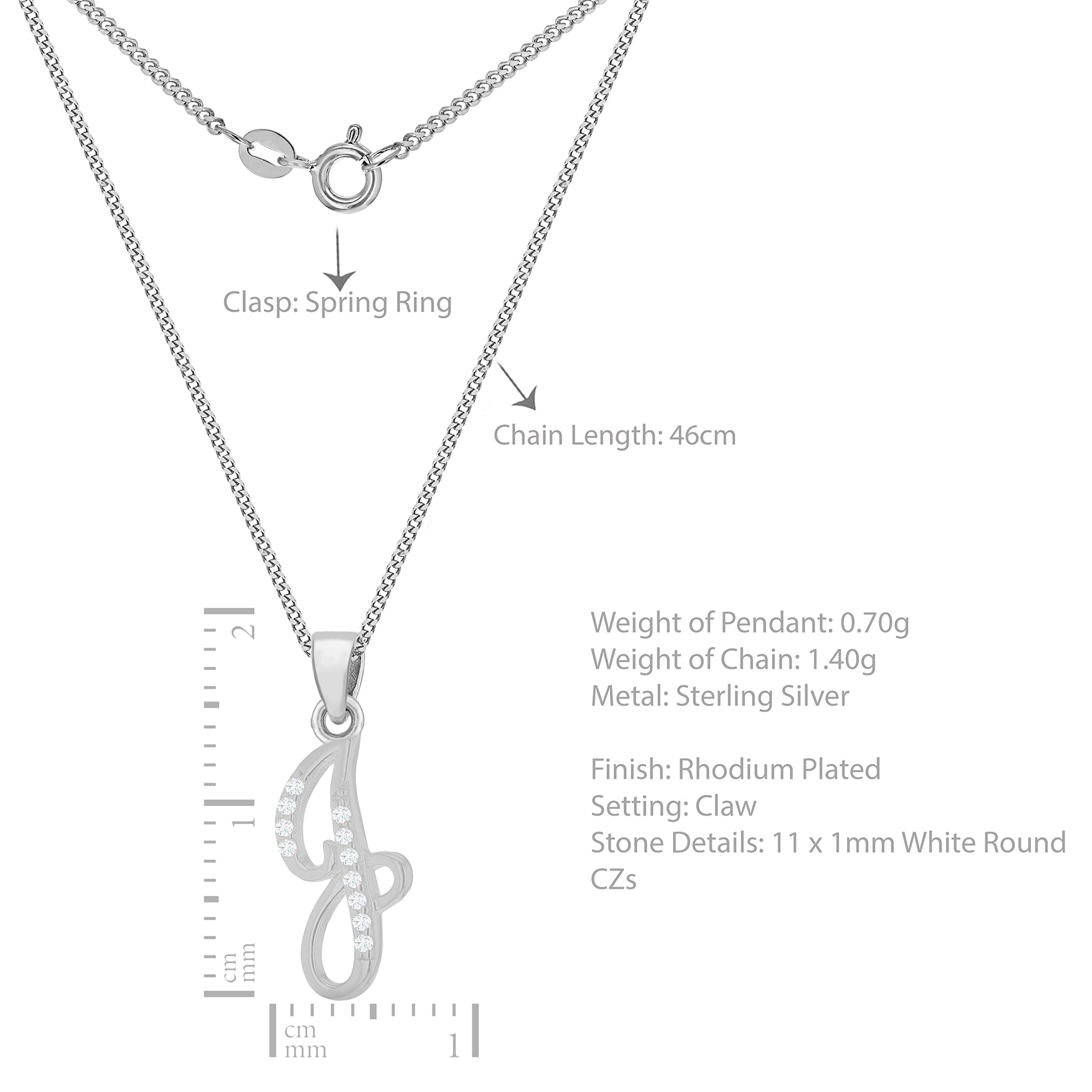 Tuscany Silver Ciondolo iniziale da donna in argento sterling placcato rodio con scritta CZ su catena a barbazzale in argento sterling placcato rodio 46 cm/18"
