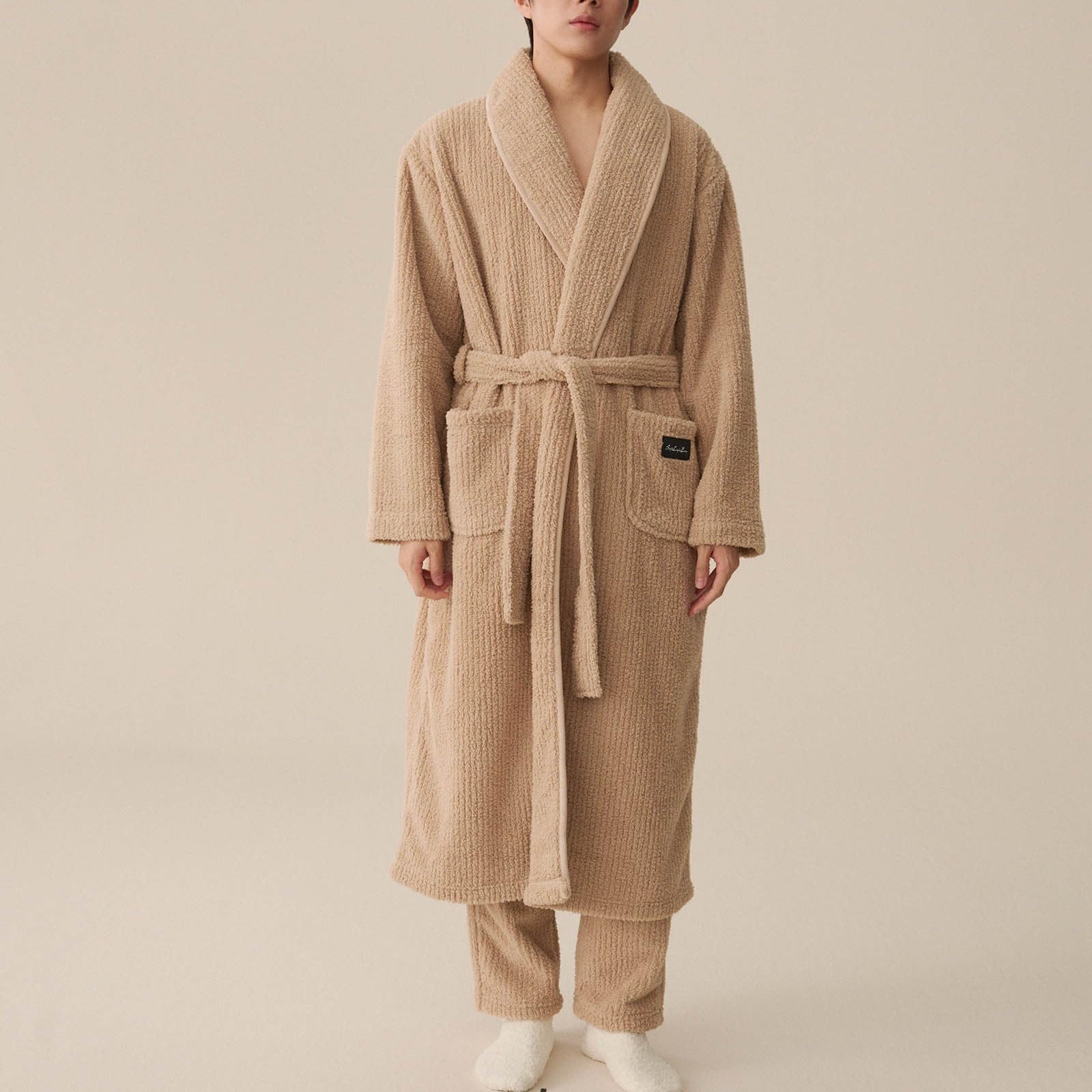Accappatoio da uomo e da donna, oversize, lungo, in spugna, leggero, morbido, in pile, con cintura e pantaloni