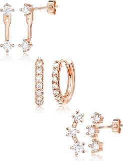 Gold Plated Stud Huggie Earrings Stack for Women Trendy, 3 Pairs Small Cute Hoop Jacket Cartilage Earring Set, Fashion Accessories Holiday Western Jewelry Christmas Gifts